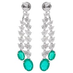 Oval Zambian Emerald Gemstone Jacket Earrings Diamond 14k White Gold Jewelry