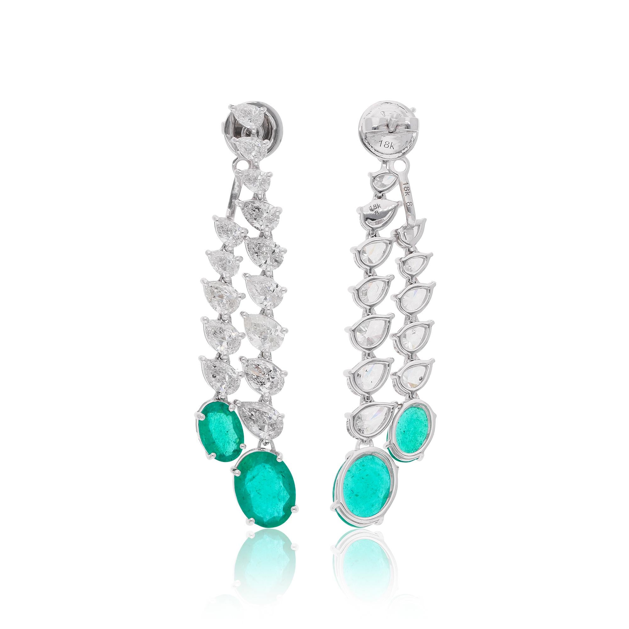 These Diamond & Emerald Dangle Earrings with 4.86 ct. Genuine Diamonds & 4.19 ct. Zambian Emerald are a promise of perfection and purity. These earrings are set in 18k Solid White Gold. You can choose these earrings in 10k/14k/18k, Rose Gold/Yellow