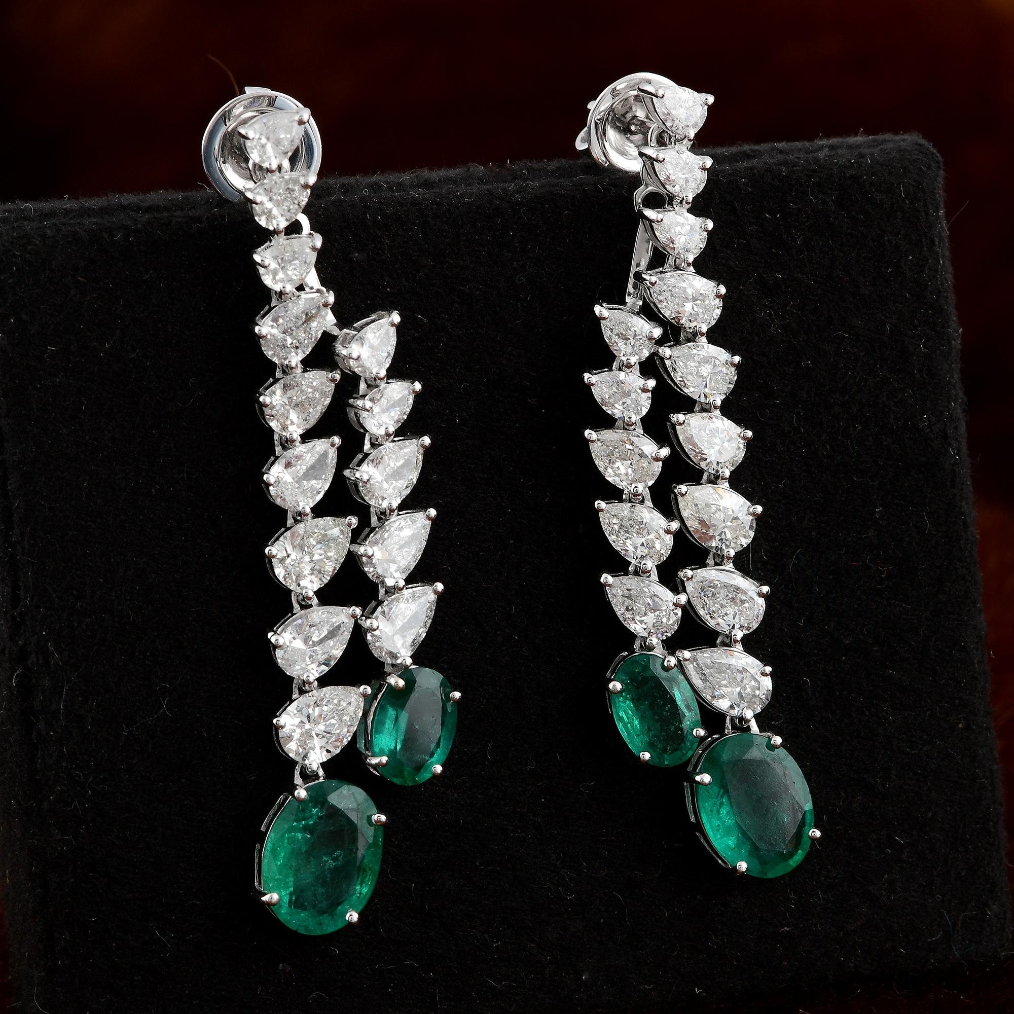 Modern Oval Natural Emerald Gemstone Jacket Earrings Diamond 18k White Gold Jewelry For Sale