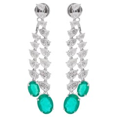 Oval Zambian Emerald Gemstone Jacket Earrings Diamond 18k White Gold Jewelry