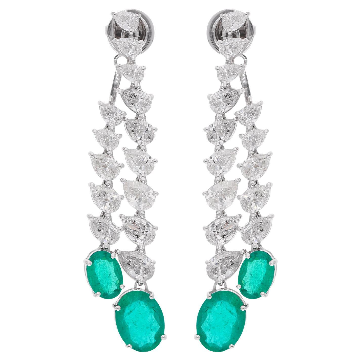 Oval Natural Emerald Gemstone Jacket Earrings Diamond 18k White Gold Jewelry