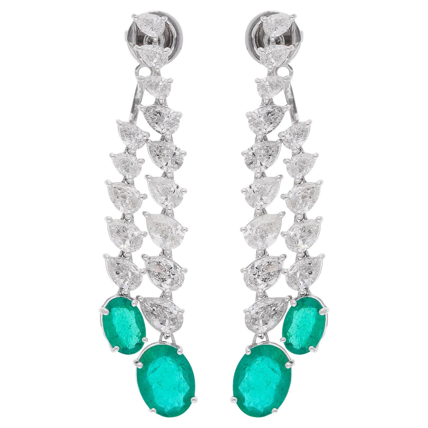 Oval Natural Emerald Gemstone Jacket Earrings Diamond 18k White Gold Jewelry
