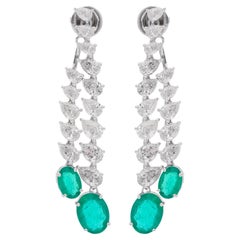 Oval Natural Emerald Gemstone Jacket Earrings Diamond 18k White Gold Jewelry