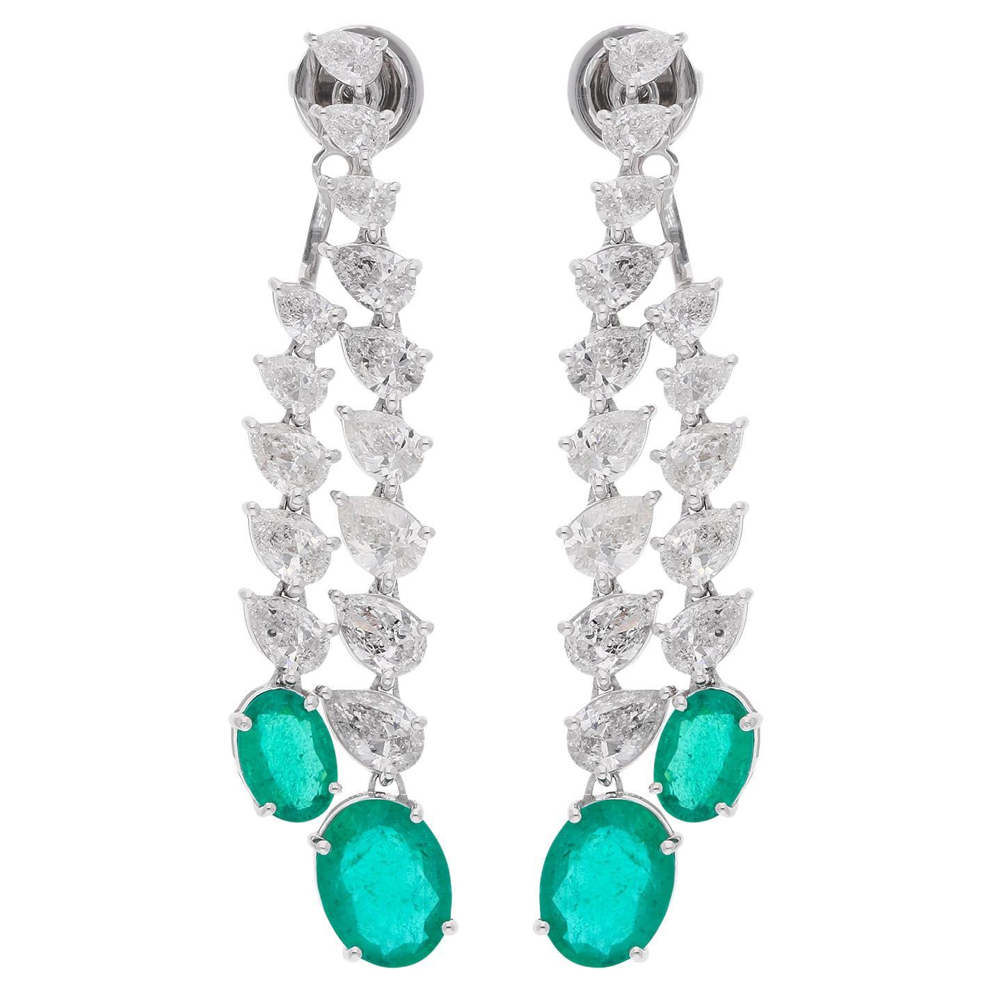 Oval Zambian Emerald Gemstone Jacket Earrings Diamond 18k White Gold Jewelry