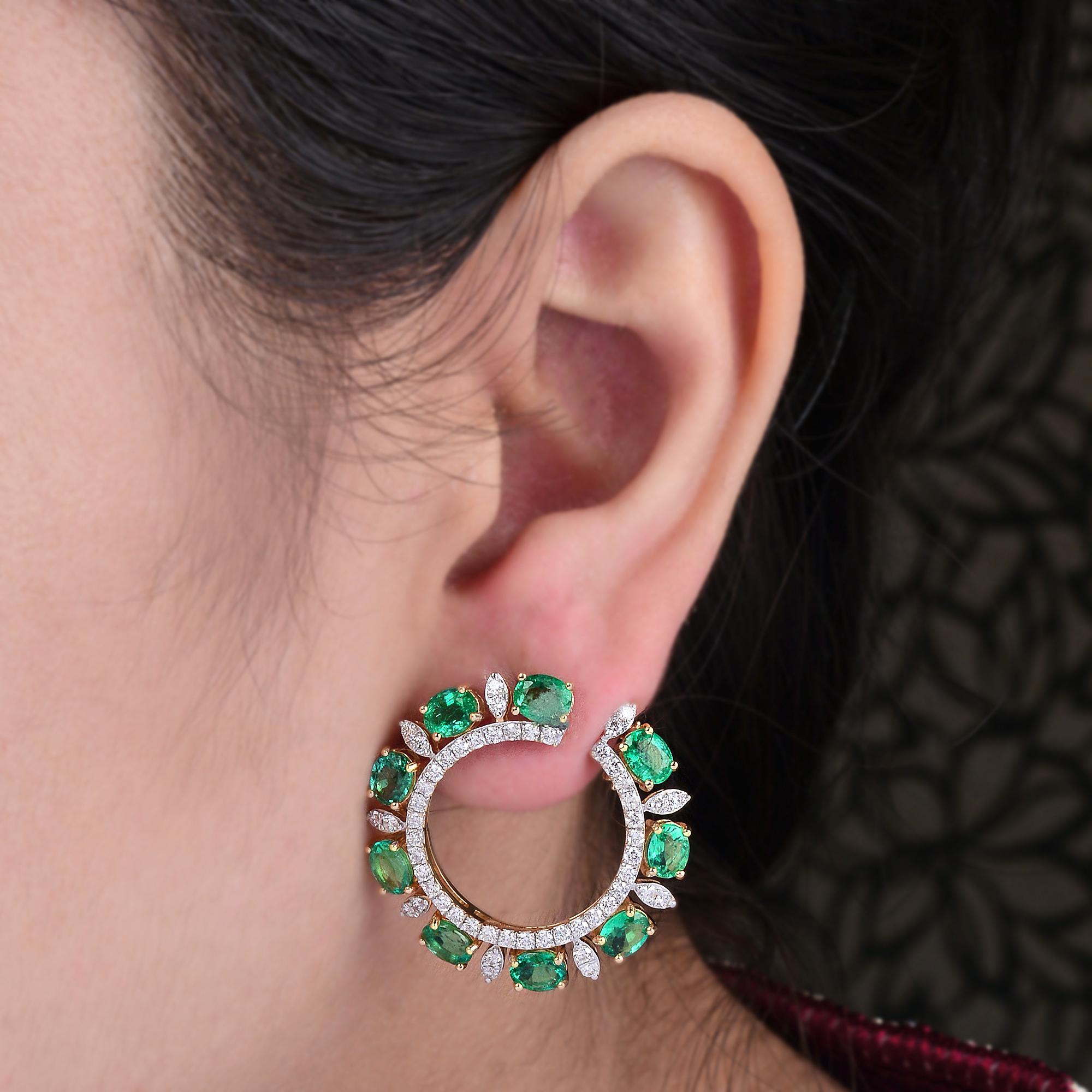 Modern Oval Zambian Emerald Gemstone Lever Back Earrings Diamond 14 Karat Yellow Gold For Sale