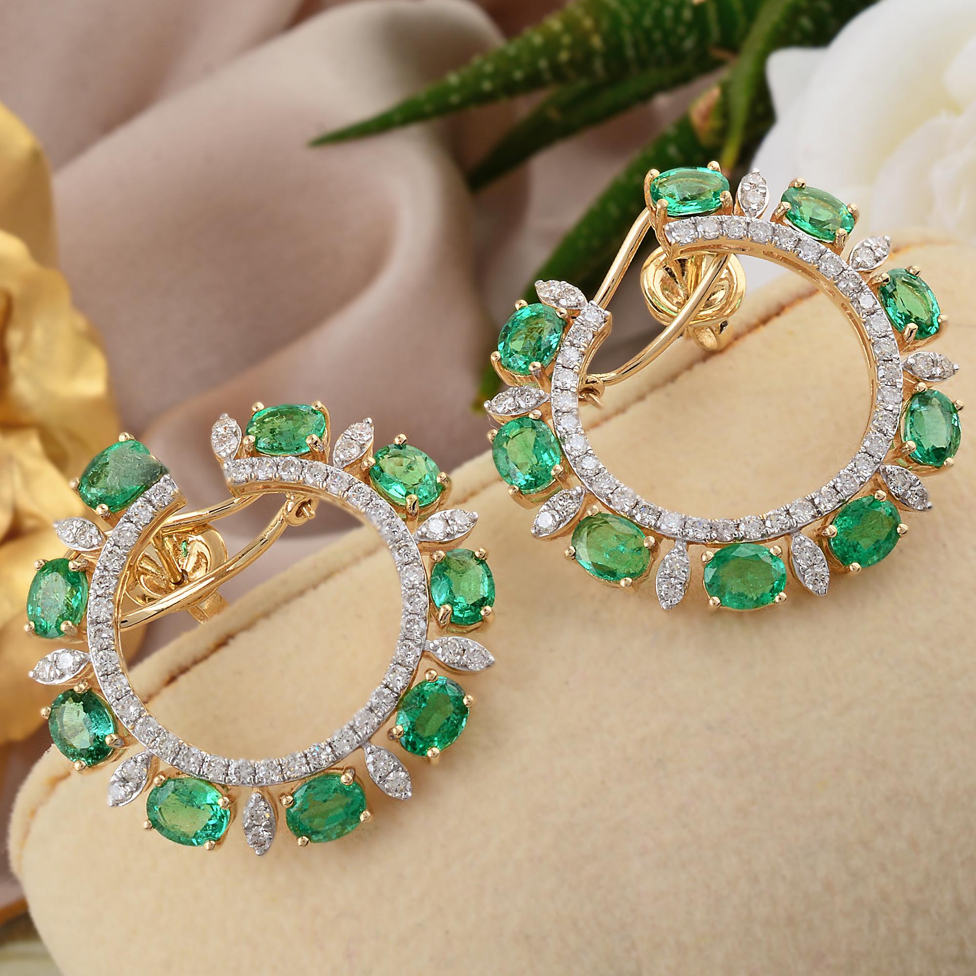 Oval Cut Oval Zambian Emerald Gemstone Lever Back Earrings Diamond 14 Karat Yellow Gold For Sale