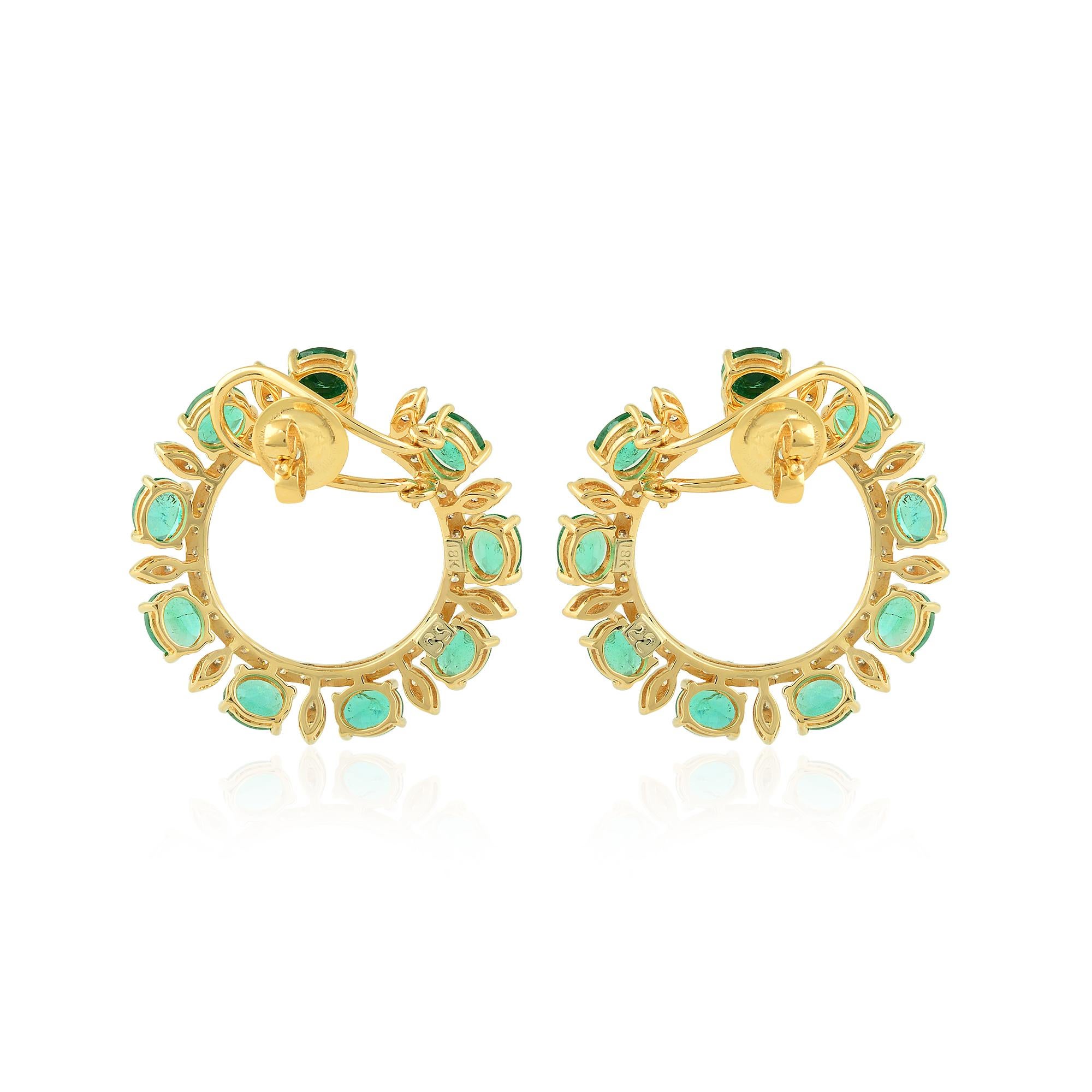 Women's Oval Zambian Emerald Gemstone Lever Back Earrings Diamond 14 Karat Yellow Gold For Sale