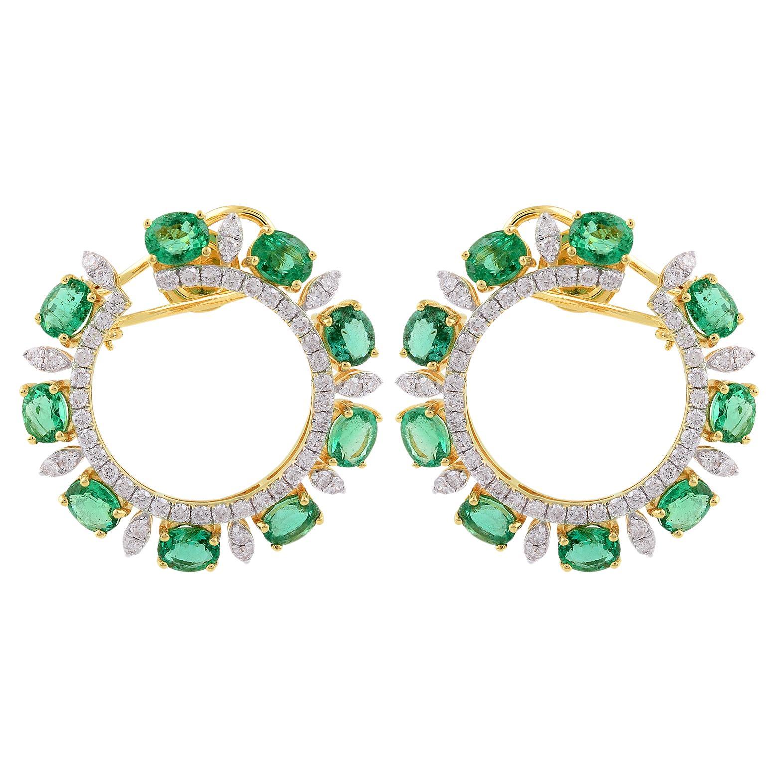 Oval Zambian Emerald Gemstone Lever Back Earrings Diamond 14 Karat Yellow Gold For Sale