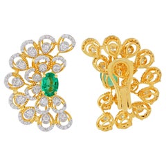 Oval Zambian Emerald Gemstone Lever Back Earrings Diamond 18 Karat Yellow Gold