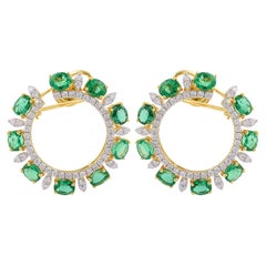 Oval Zambian Emerald Gemstone Lever Back Earrings Diamond 18 Karat Yellow Gold