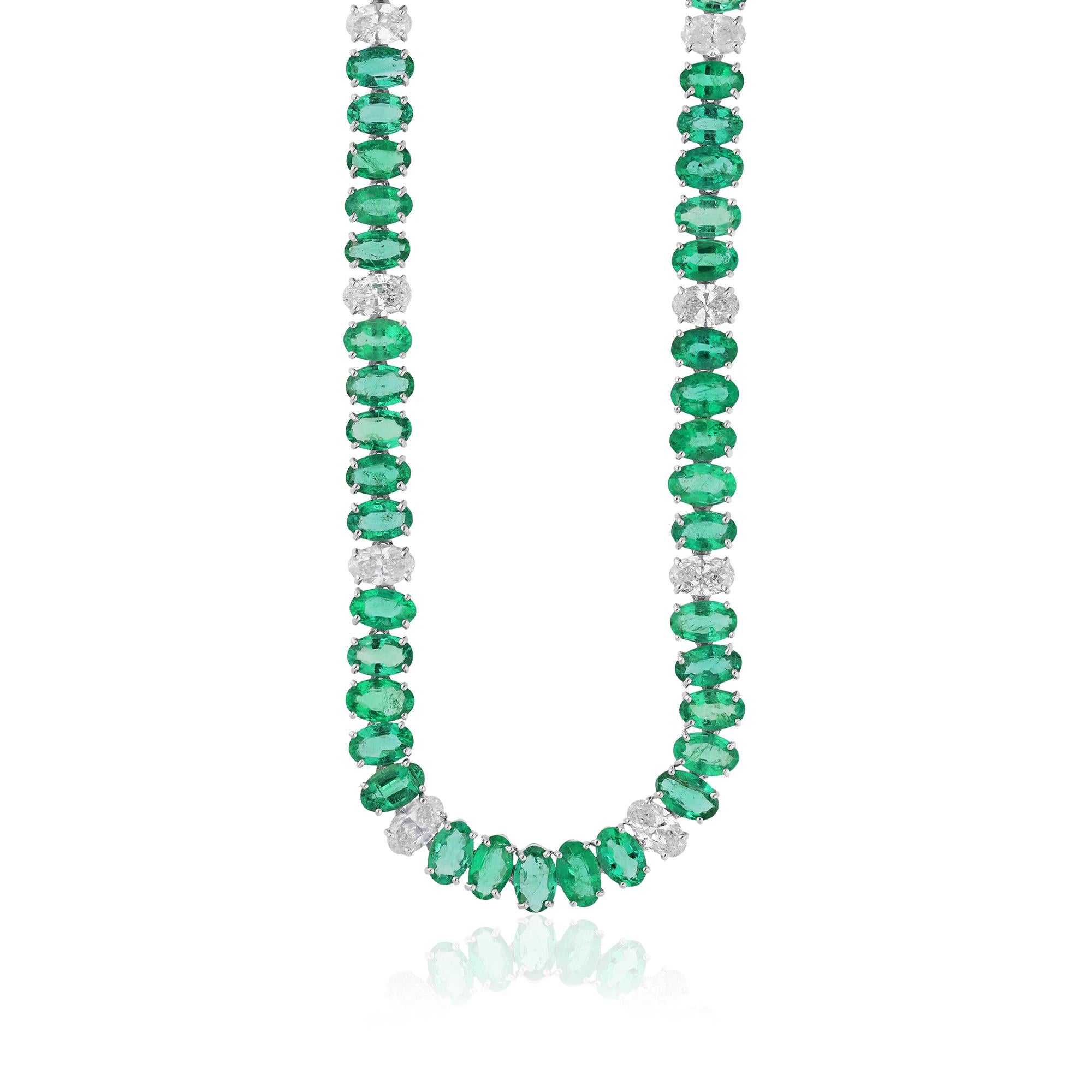 Modern Oval Zambian Emerald Gemstone Necklace Diamond 10 Karat White Gold Fine Jewelry For Sale
