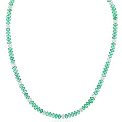 Oval Zambian Emerald Gemstone Necklace Diamond 14 Karat White Gold Fine Jewelry