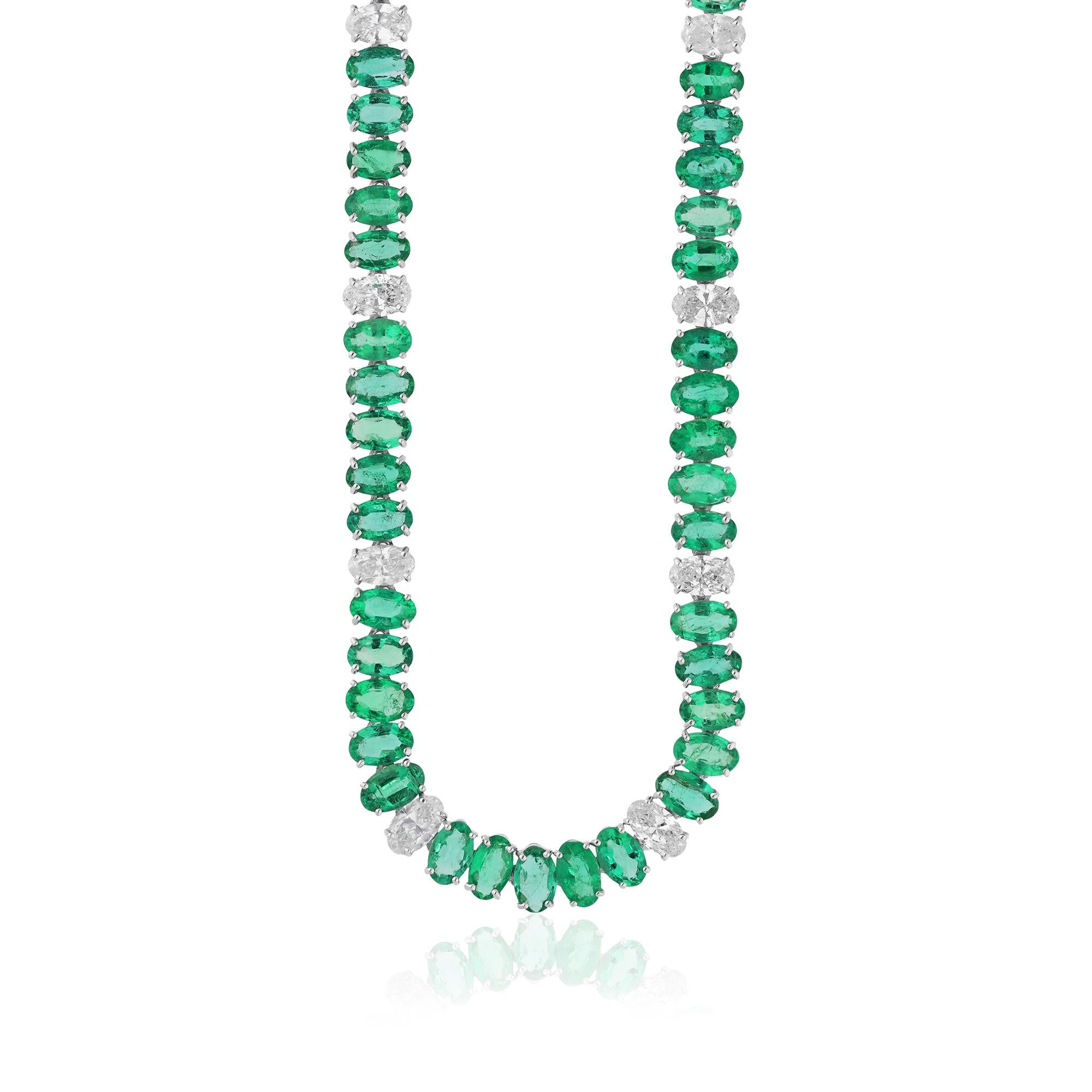 Modern Oval Zambian Emerald Gemstone Necklace Diamond 14 Karat White Gold Fine Jewelry For Sale