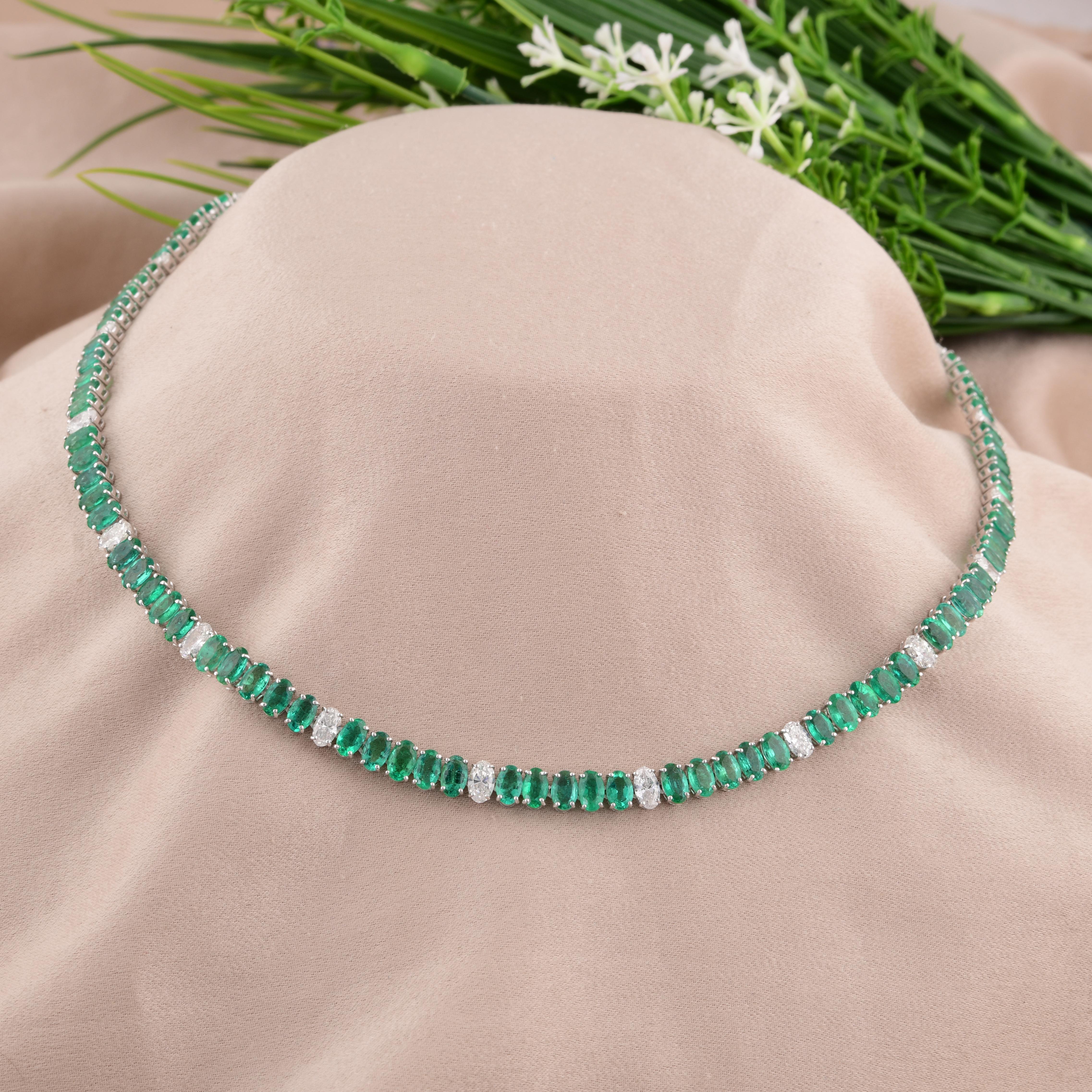 Oval Cut Oval Zambian Emerald Gemstone Necklace Diamond 14 Karat White Gold Fine Jewelry For Sale