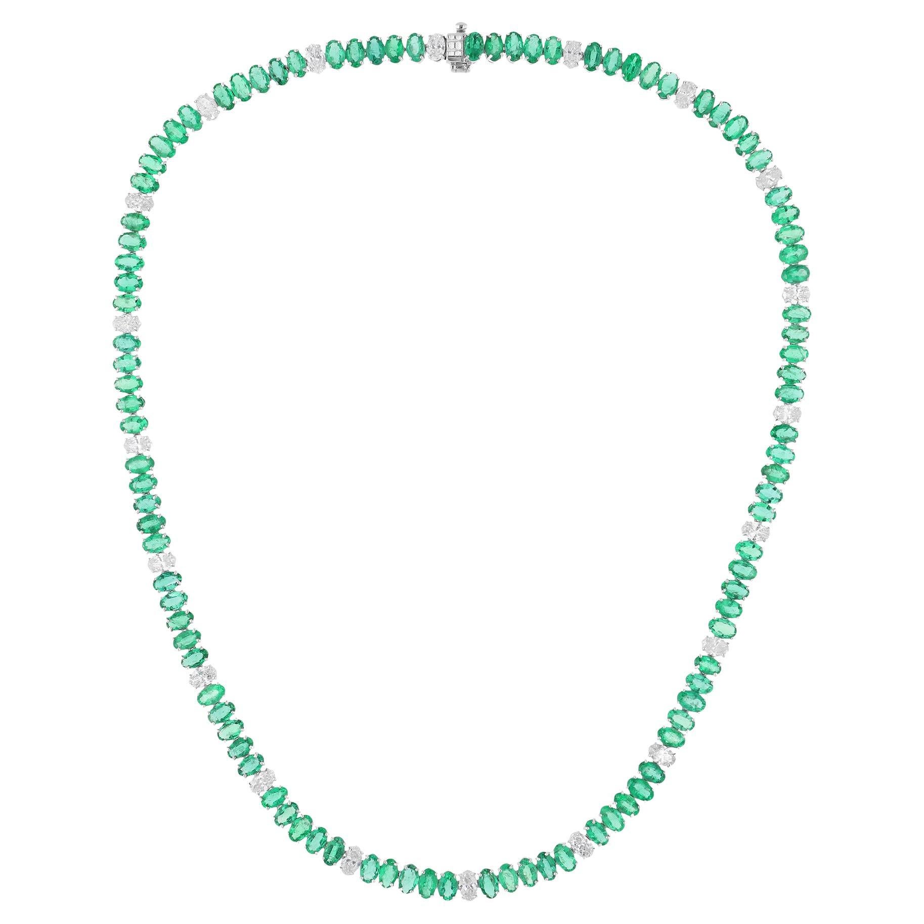 Oval Zambian Emerald Gemstone Necklace Diamond 14 Karat White Gold Fine Jewelry For Sale