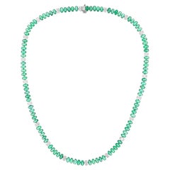 Oval Zambian Emerald Gemstone Necklace Diamond 14 Karat White Gold Fine Jewelry