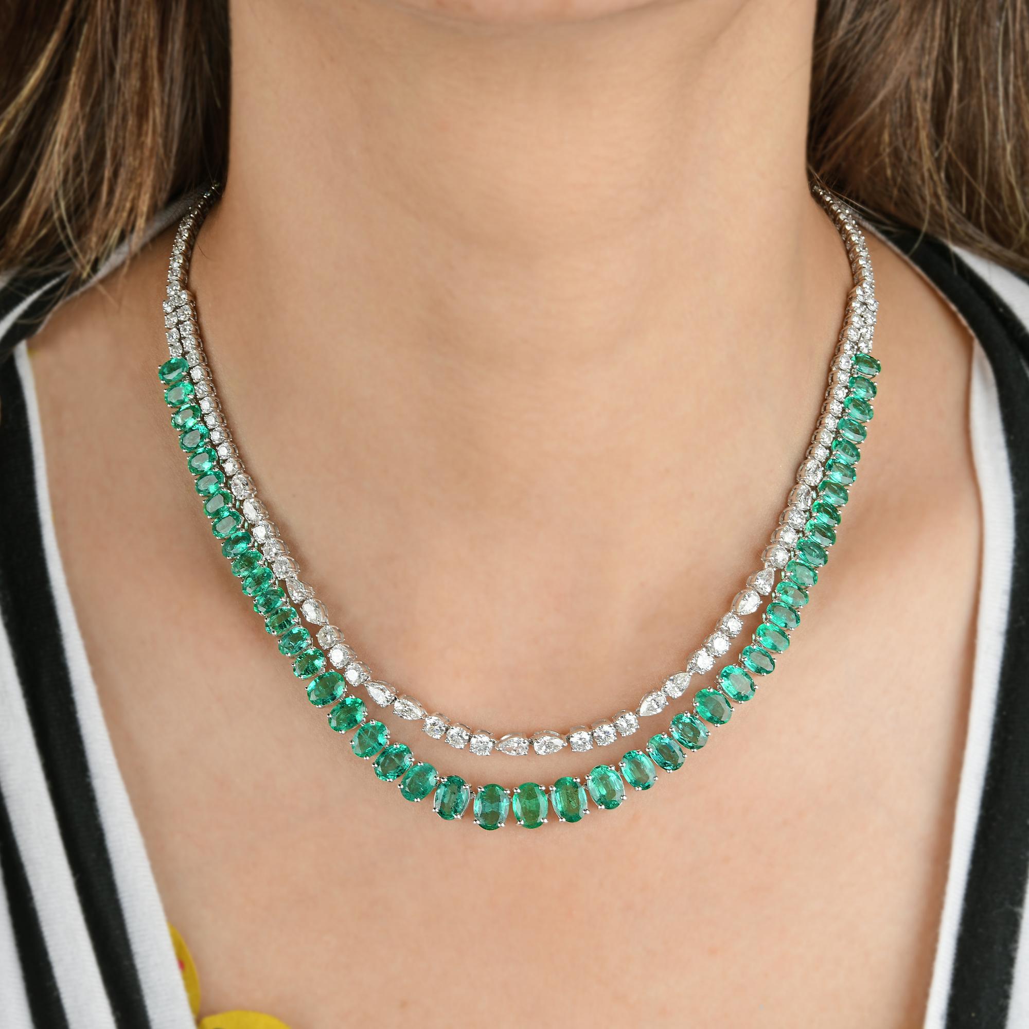 Modern Oval Cut Natural Emerald Gemstone Necklace Diamond 18 Karat White Gold Jewelry For Sale