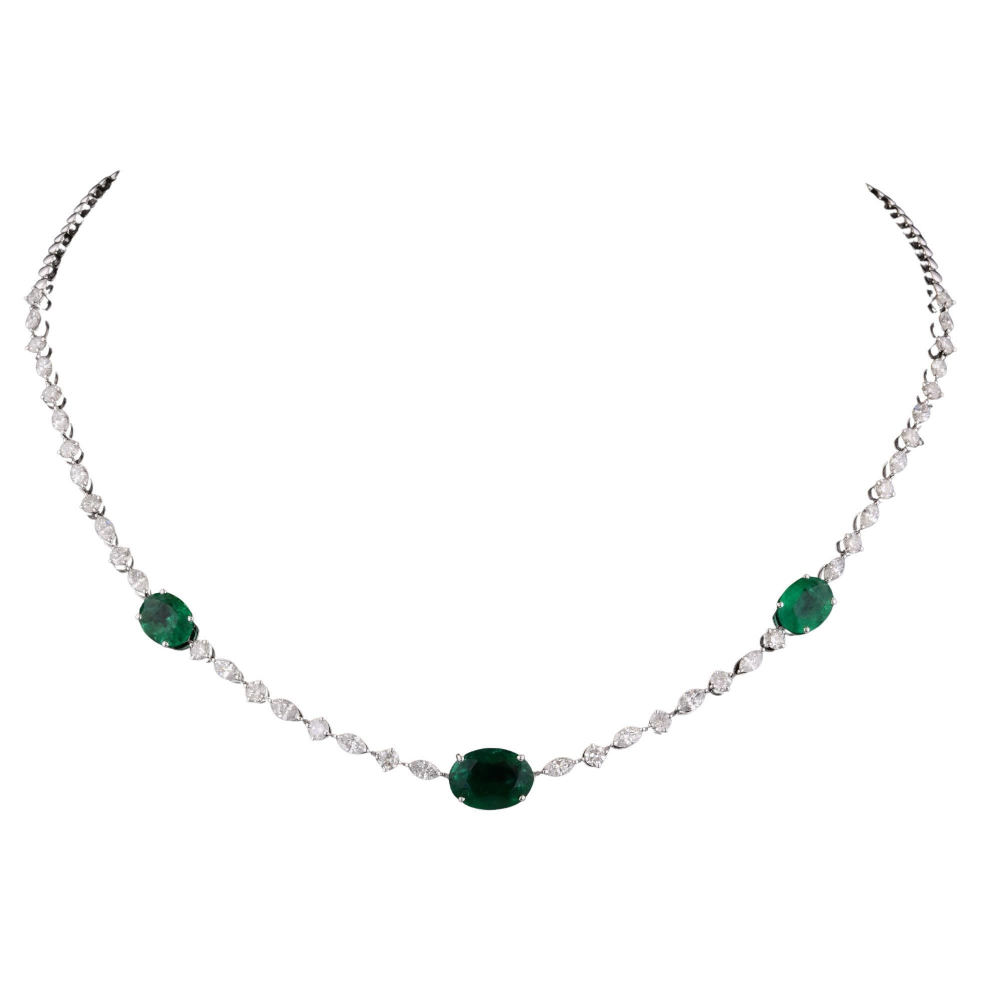 Oval Zambian Emerald Gemstone Necklace Diamond 18 Karat White Gold Fine Jewelry For Sale