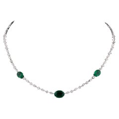 Oval Zambian Emerald Gemstone Necklace Diamond 18 Karat White Gold Fine Jewelry