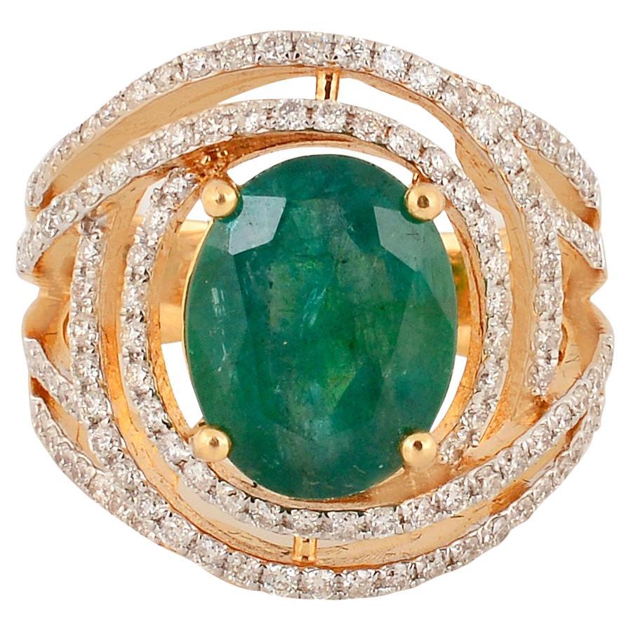 Oval Natural Emerald Gemstone Ring Diamond Pave 14k Yellow Gold Fine Jewelry For Sale