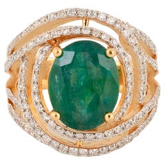 Oval Zambian Emerald Gemstone Ring Diamond Pave 14k Yellow Gold Fine Jewelry