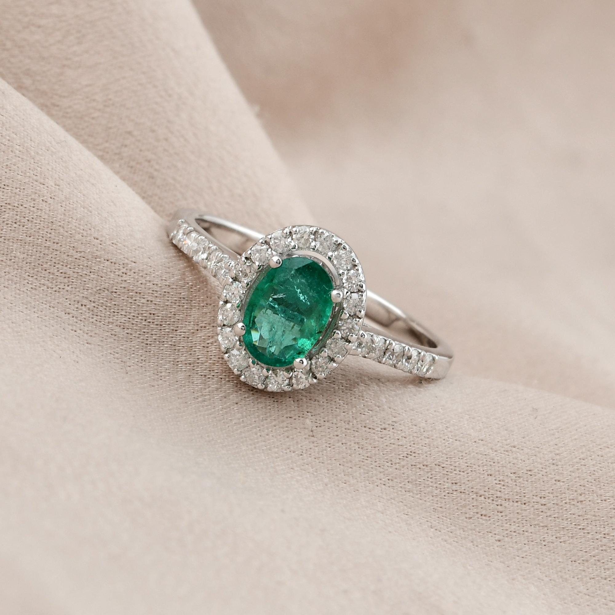 For Sale:  Oval Zambian Emerald Gemstone Ring Pave Diamond 18 Karat White Gold Fine Jewelry 4