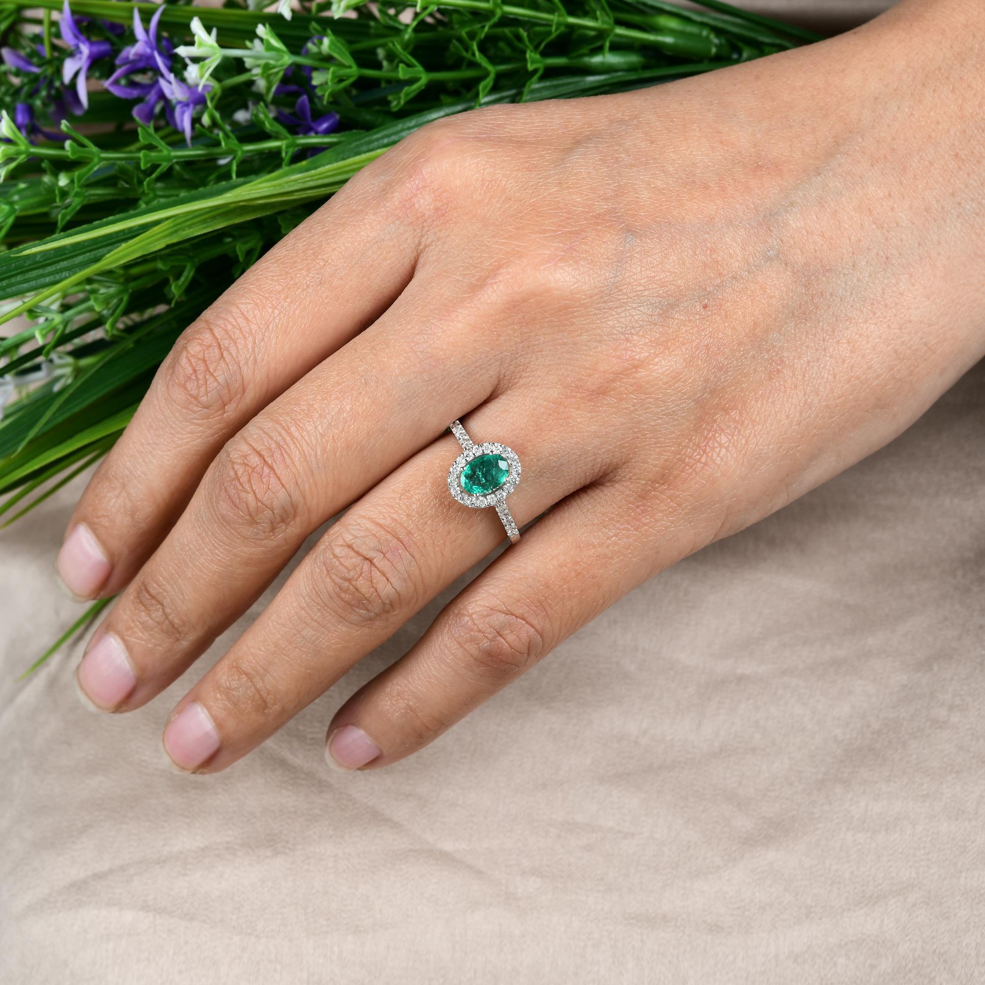 For Sale:  Oval Zambian Emerald Gemstone Ring Pave Diamond 18 Karat White Gold Fine Jewelry 5