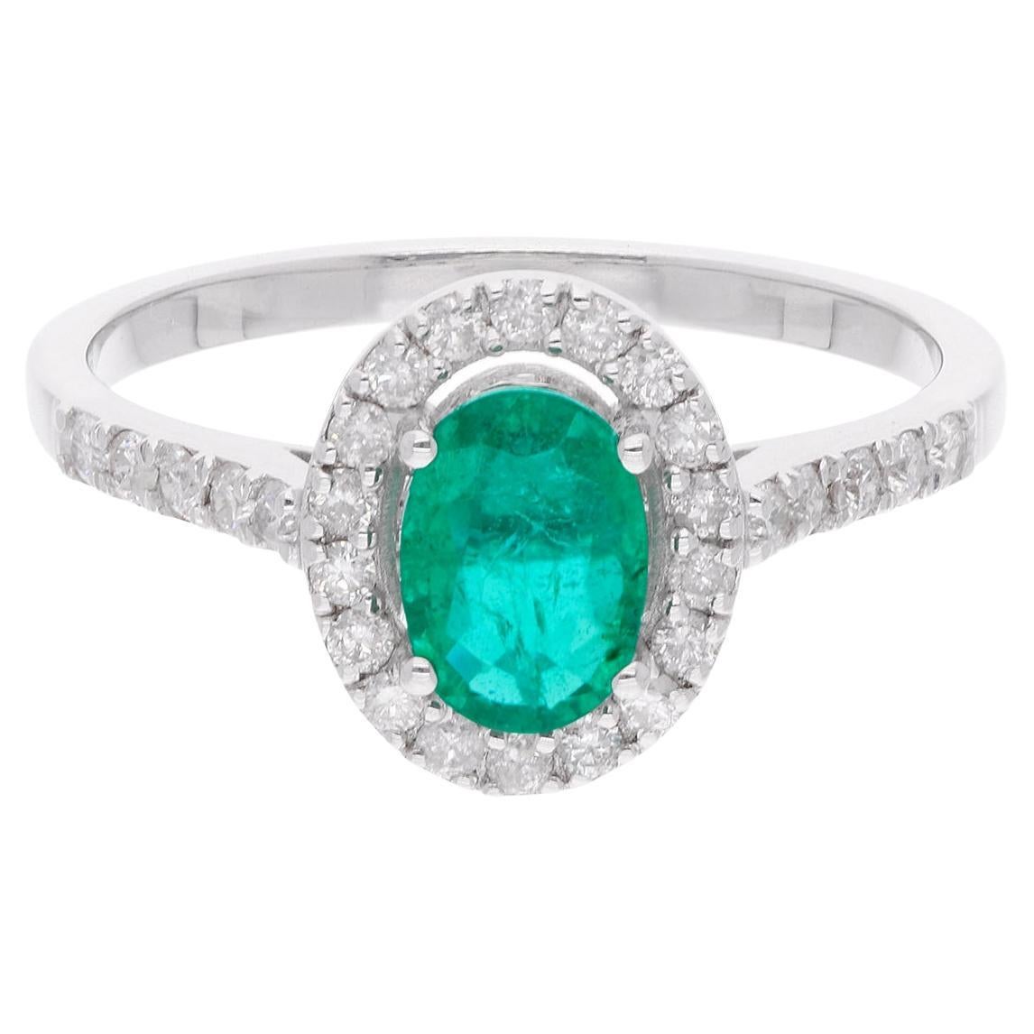 Oval Zambian Emerald Gemstone Ring Pave Diamond 18 Karat White Gold Fine Jewelry
