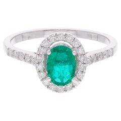 Oval Zambian Emerald Gemstone Ring Pave Diamond 18 Karat White Gold Fine Jewelry