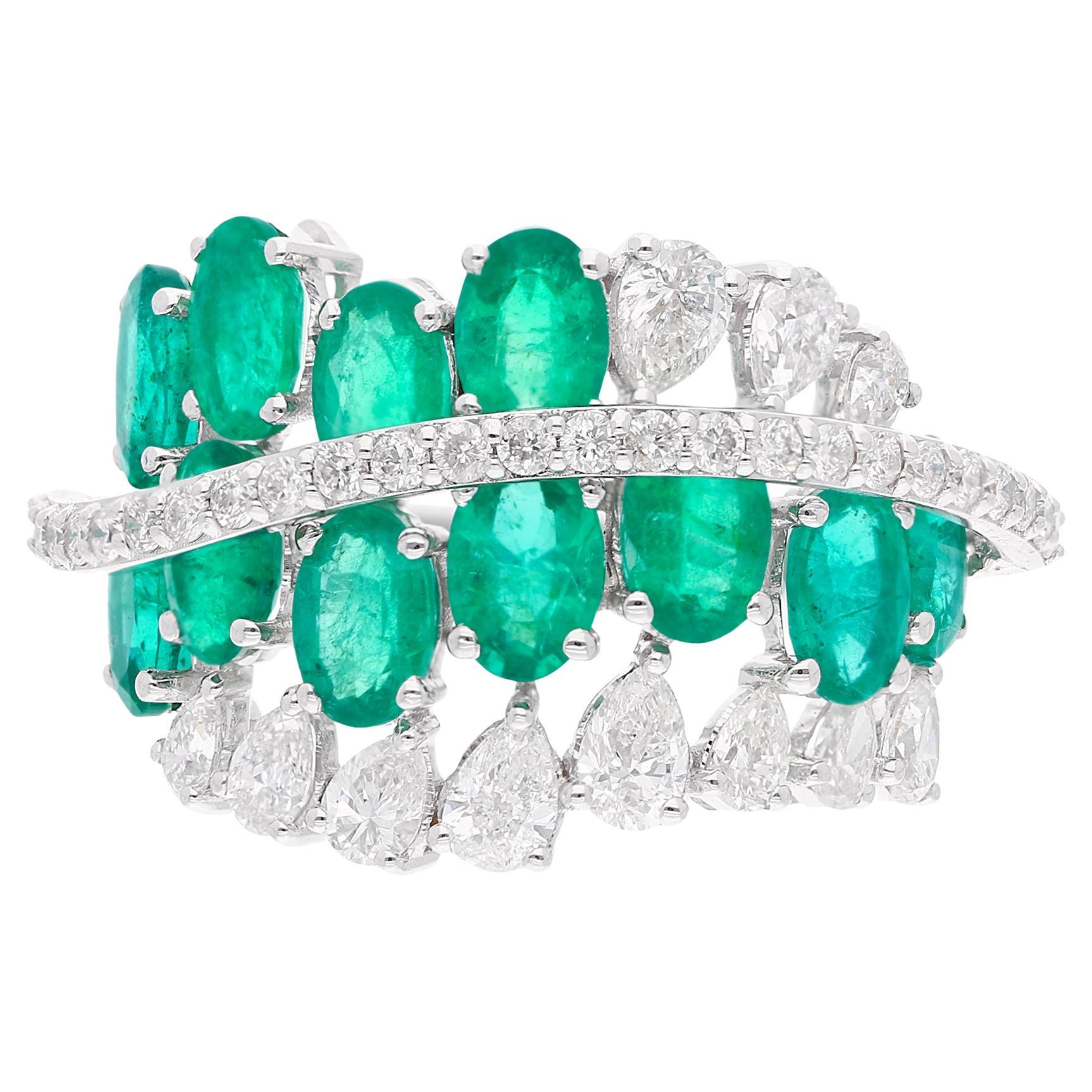Oval Natural Emerald Gemstone Ring Pear Diamond 18 Karat White Gold Fine Jewelry