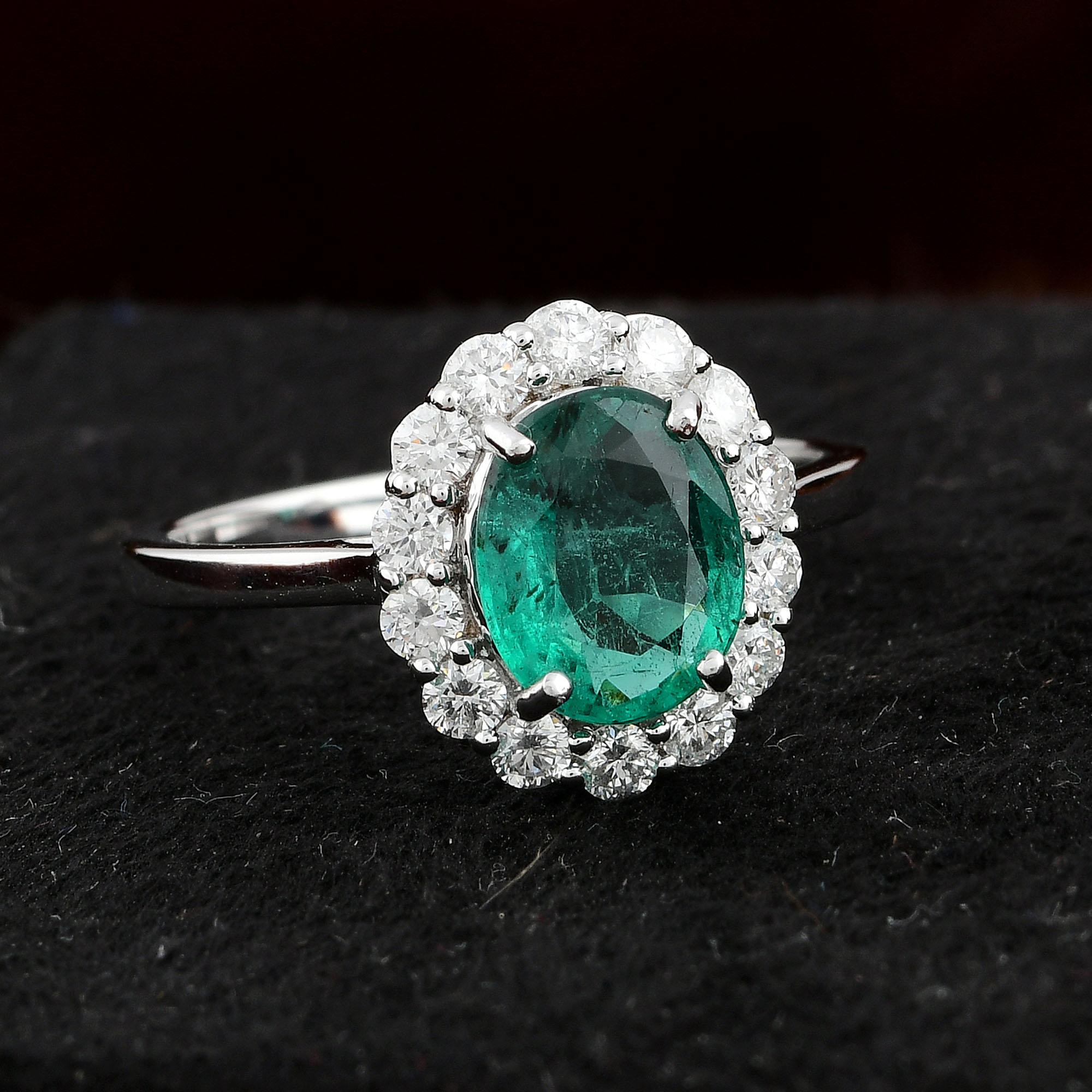 Modern Oval Natural Emerald Gemstone Ring Round Diamond 18 Karat White Gold Jewelry For Sale