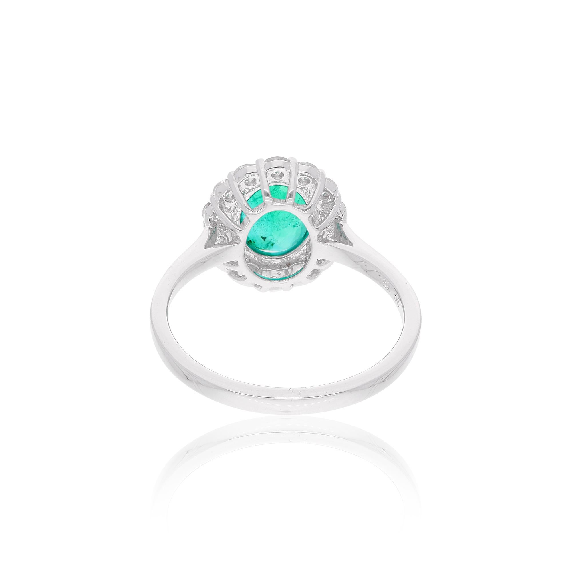 Women's Oval Natural Emerald Gemstone Ring Round Diamond 18 Karat White Gold Jewelry For Sale