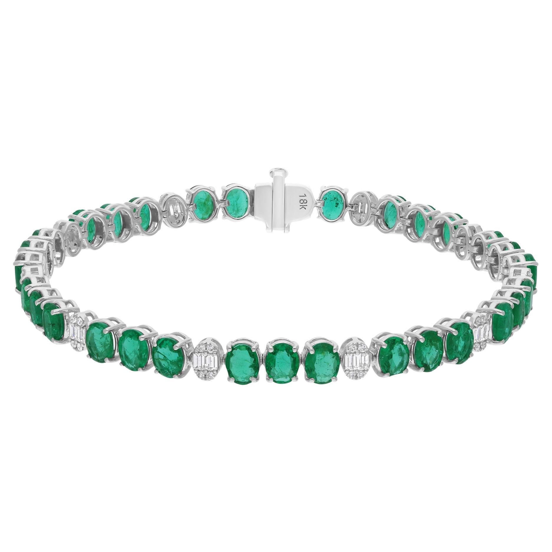 Oval Zambian Emerald Gemstone SI/H Diamond Bracelet 18 Karat White Gold Jewelry