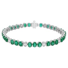 Oval Zambian Emerald Gemstone SI/H Diamond Bracelet 18 Karat White Gold Jewelry