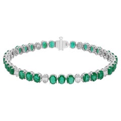 Oval Zambian Emerald Gemstone SI/H Diamond Bracelet 18 Karat White Gold Jewelry