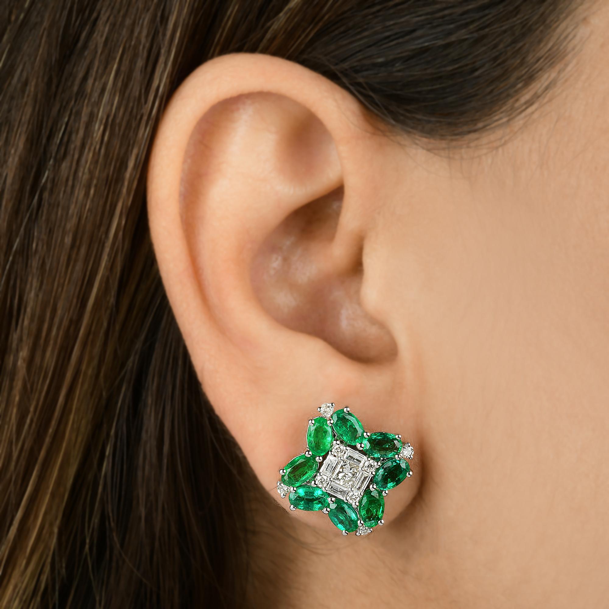 Modern Oval Zambian Emerald Gemstone Stud Earrings Baguette Diamond 18 Karat White Gold For Sale