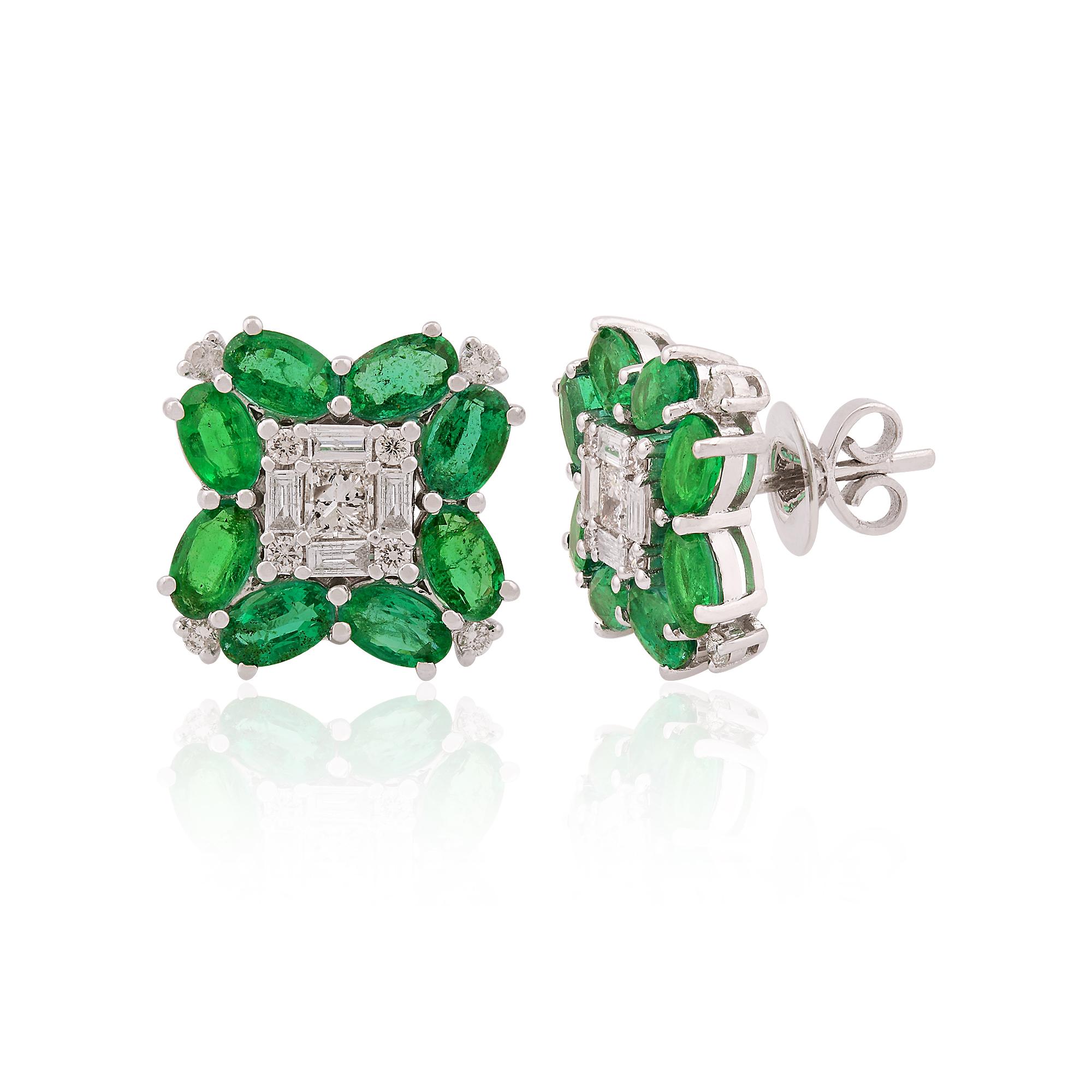 Oval Cut Oval Zambian Emerald Gemstone Stud Earrings Baguette Diamond 18 Karat White Gold For Sale