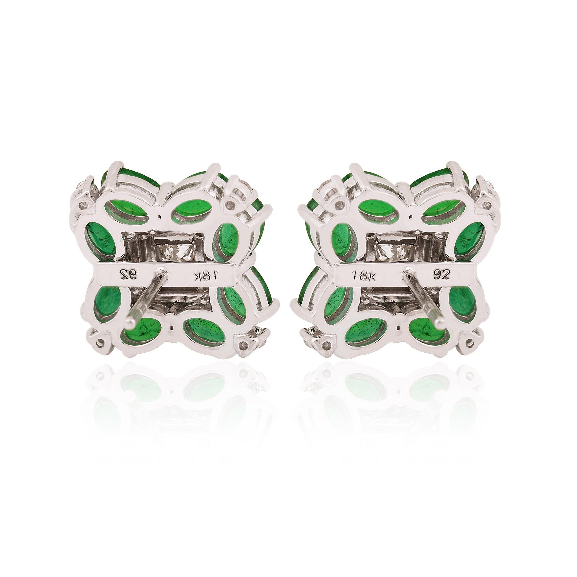 Women's Oval Zambian Emerald Gemstone Stud Earrings Baguette Diamond 18 Karat White Gold For Sale