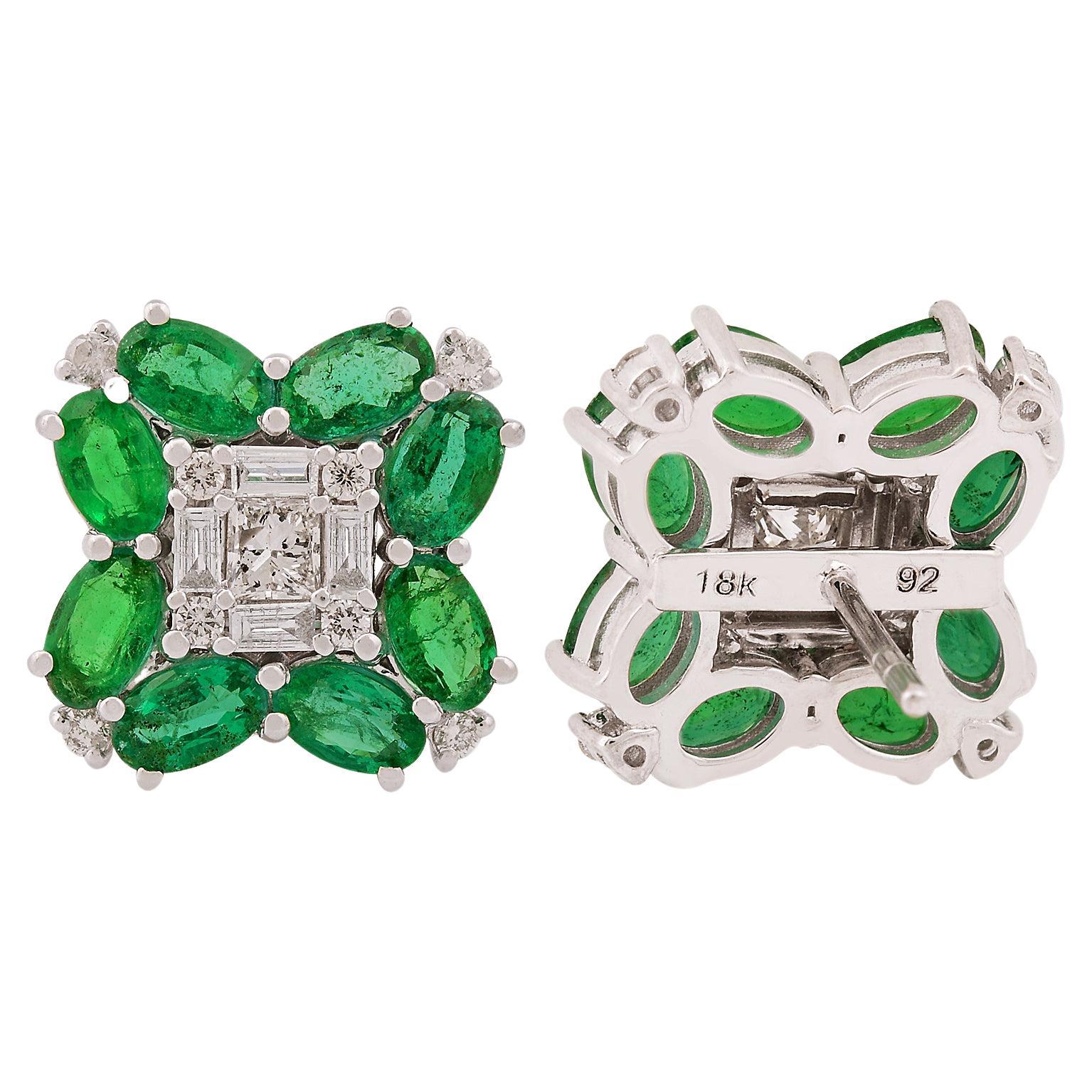 Oval Zambian Emerald Gemstone Stud Earrings Baguette Diamond 18 Karat White Gold For Sale