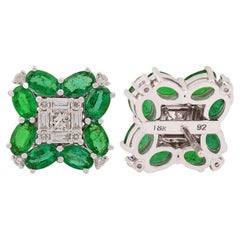 Oval Zambian Emerald Gemstone Stud Earrings Baguette Diamond 18 Karat White Gold