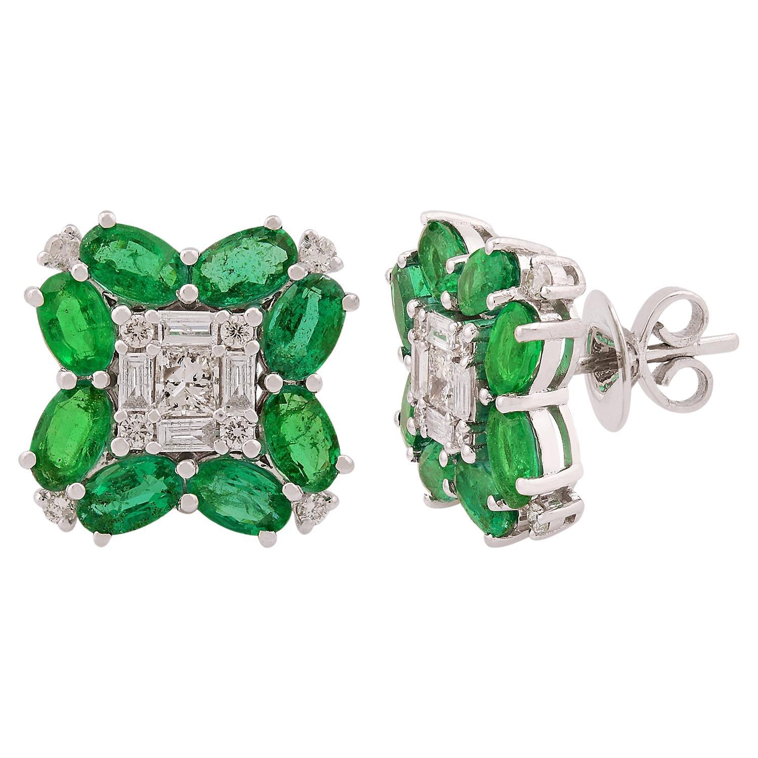 Oval Zambian Emerald Gemstone Stud Earrings Baguette Diamond 18 Karat White Gold For Sale