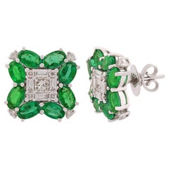 Oval Zambian Emerald Gemstone Stud Earrings Baguette Diamond 18 Karat White Gold