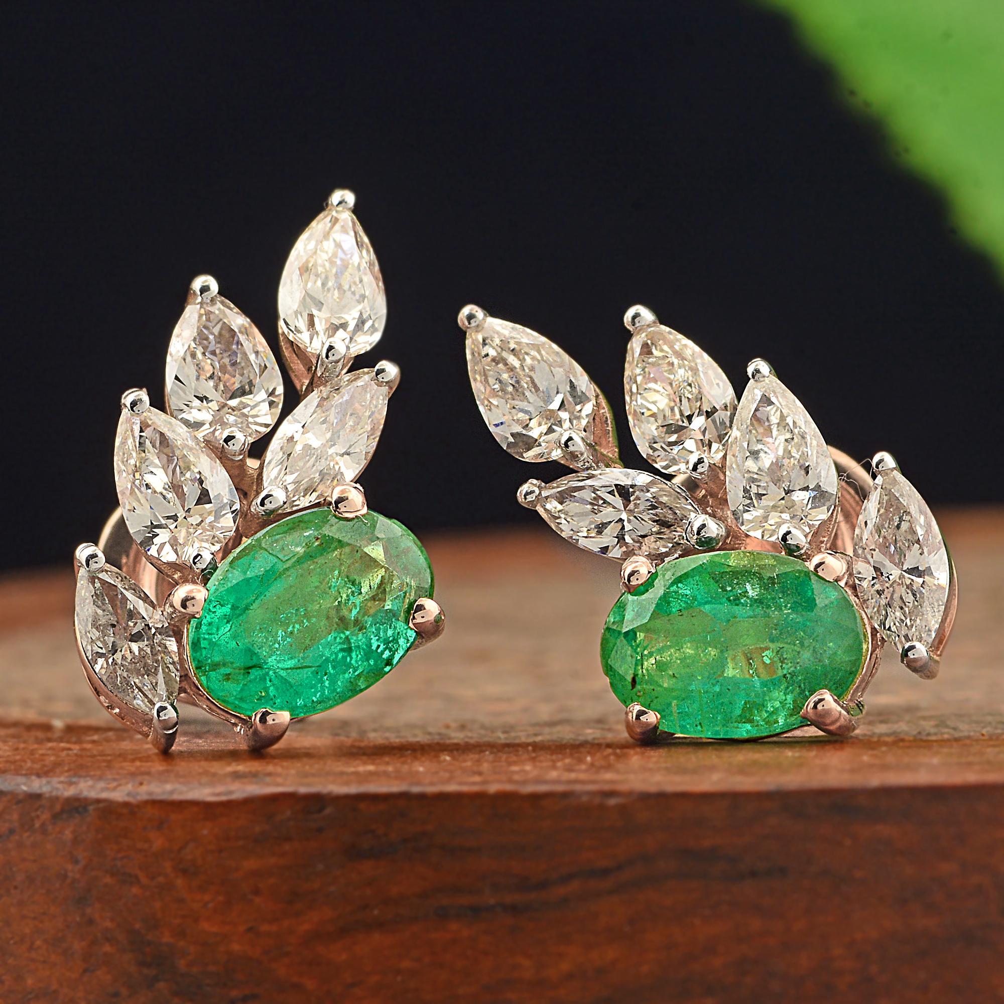 Modern Oval Zambian Emerald Gemstone Stud Earrings Diamond 14 Karat Rose Gold Jewelry For Sale