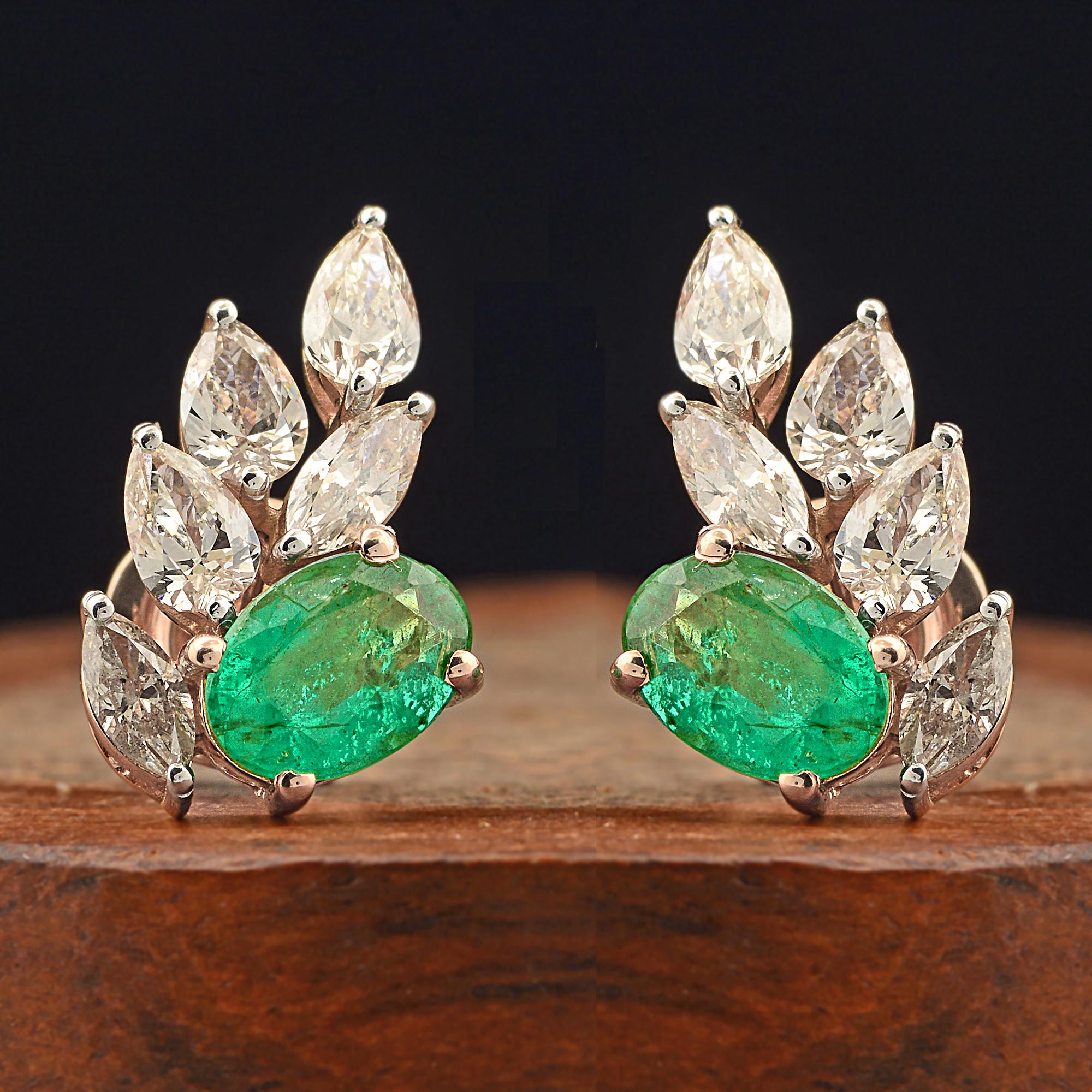 Oval Cut Oval Zambian Emerald Gemstone Stud Earrings Diamond 14 Karat Rose Gold Jewelry For Sale