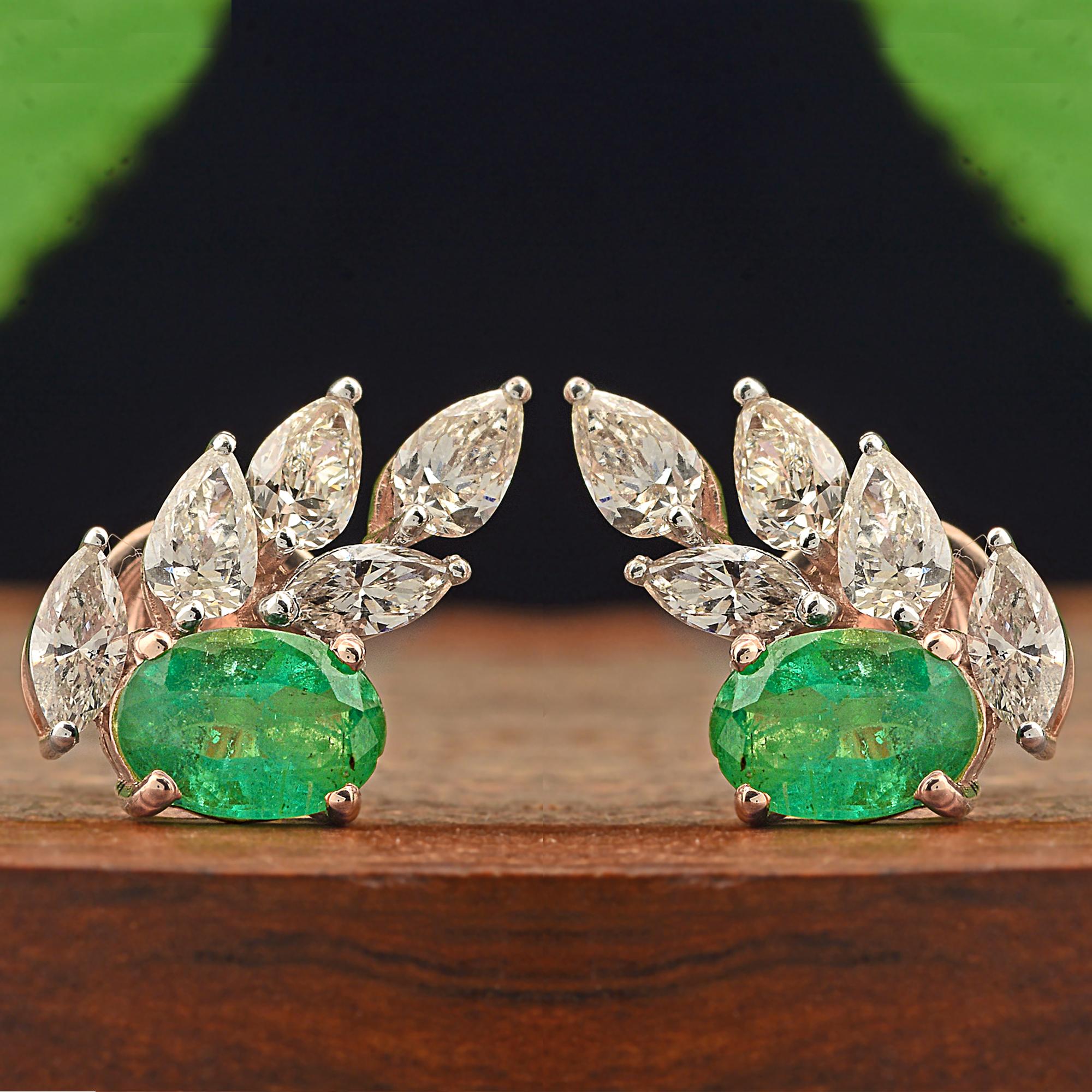 Oval Zambian Emerald Gemstone Stud Earrings Diamond 14 Karat Rose Gold Jewelry In New Condition For Sale In Diera, Dubai