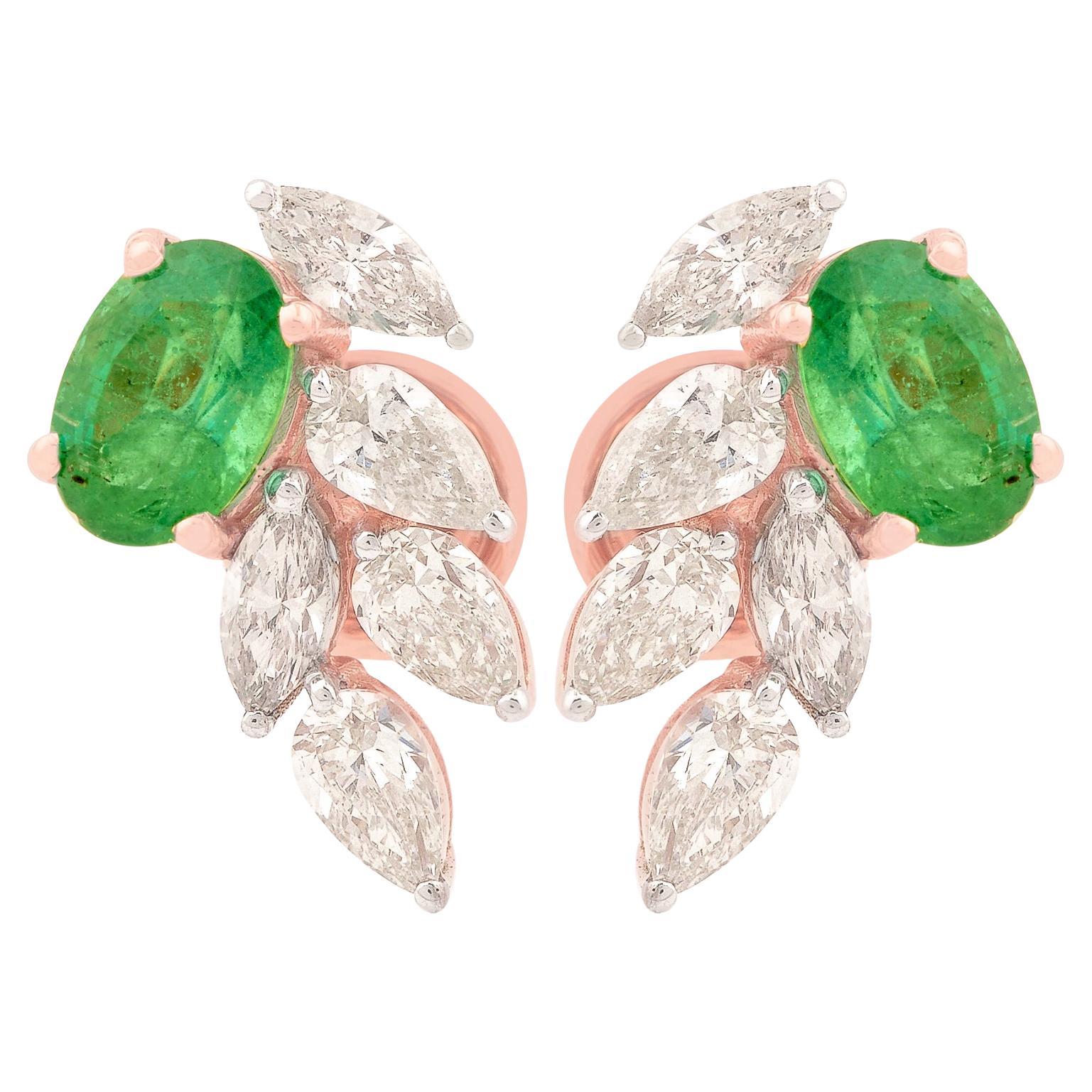 Pendientes Ovalados de Esmeralda de Zambia Diamante de Oro Rosa de 14 Kilates Joyería