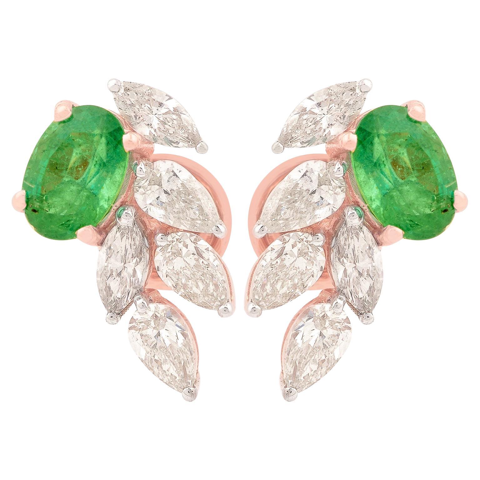 Orecchini ovali con gemma di smeraldo dello Zambia Diamante Gioielli in oro rosa 14 carati