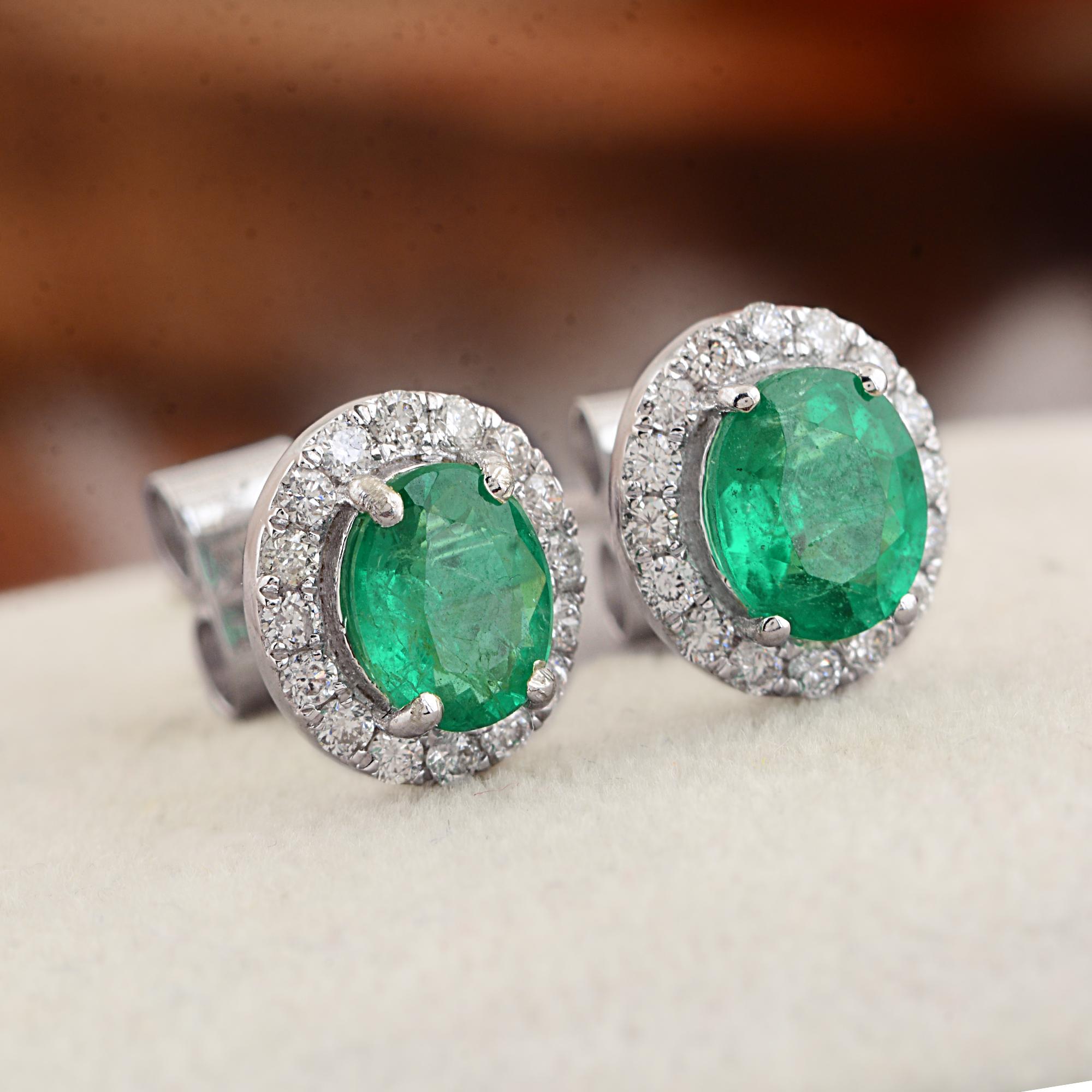 Modern Oval Zambian Emerald Gemstone Stud Earrings Diamond 14 Karat White Gold Jewelry For Sale