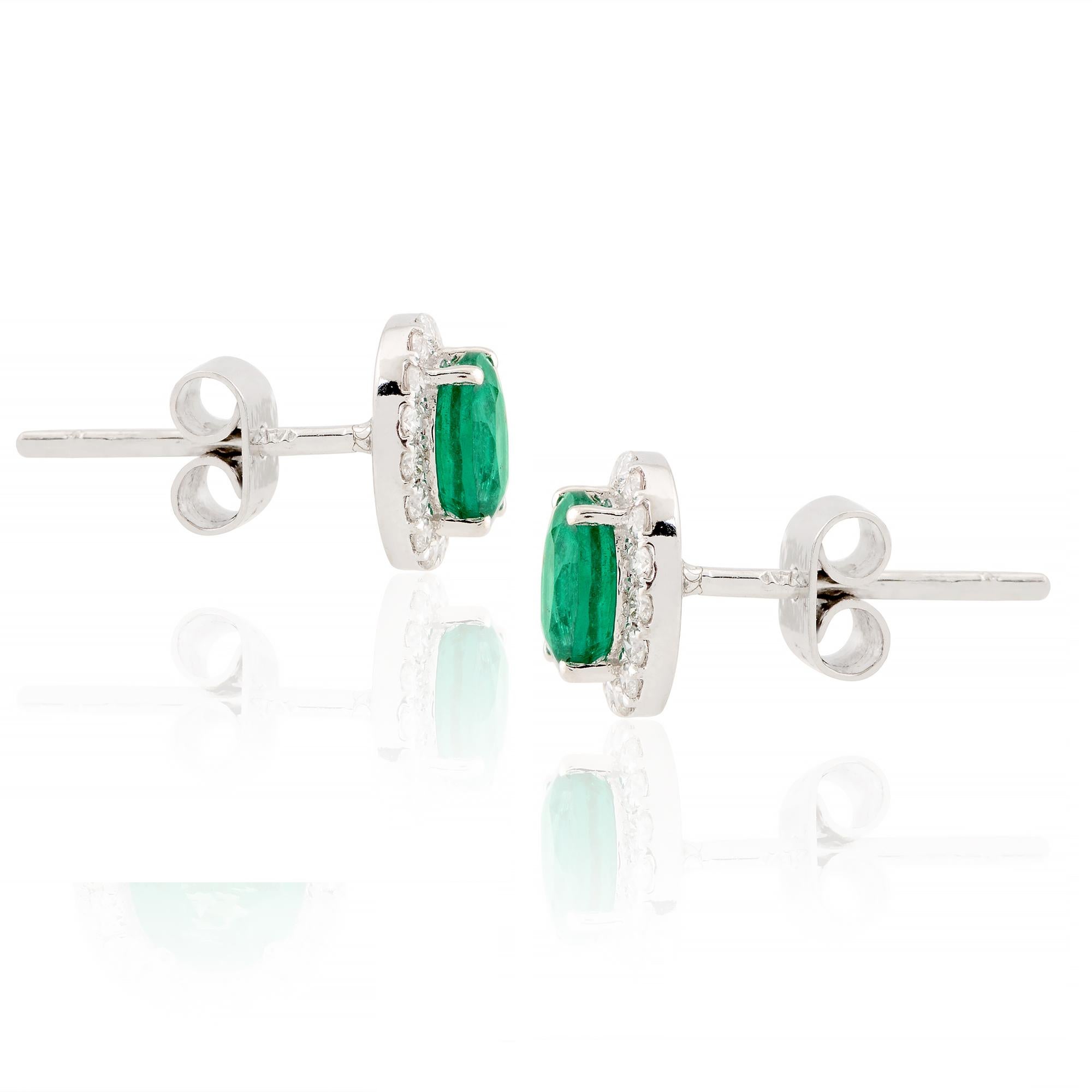 Women's Oval Zambian Emerald Gemstone Stud Earrings Diamond 14 Karat White Gold Jewelry For Sale