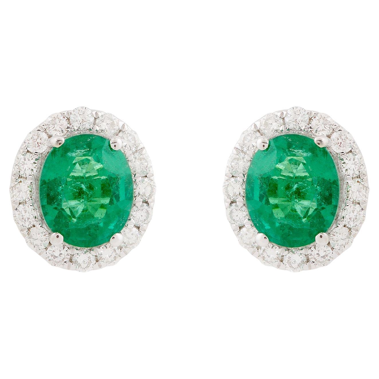 Oval Zambian Emerald Gemstone Stud Earrings Diamond 14 Karat White Gold Jewelry For Sale